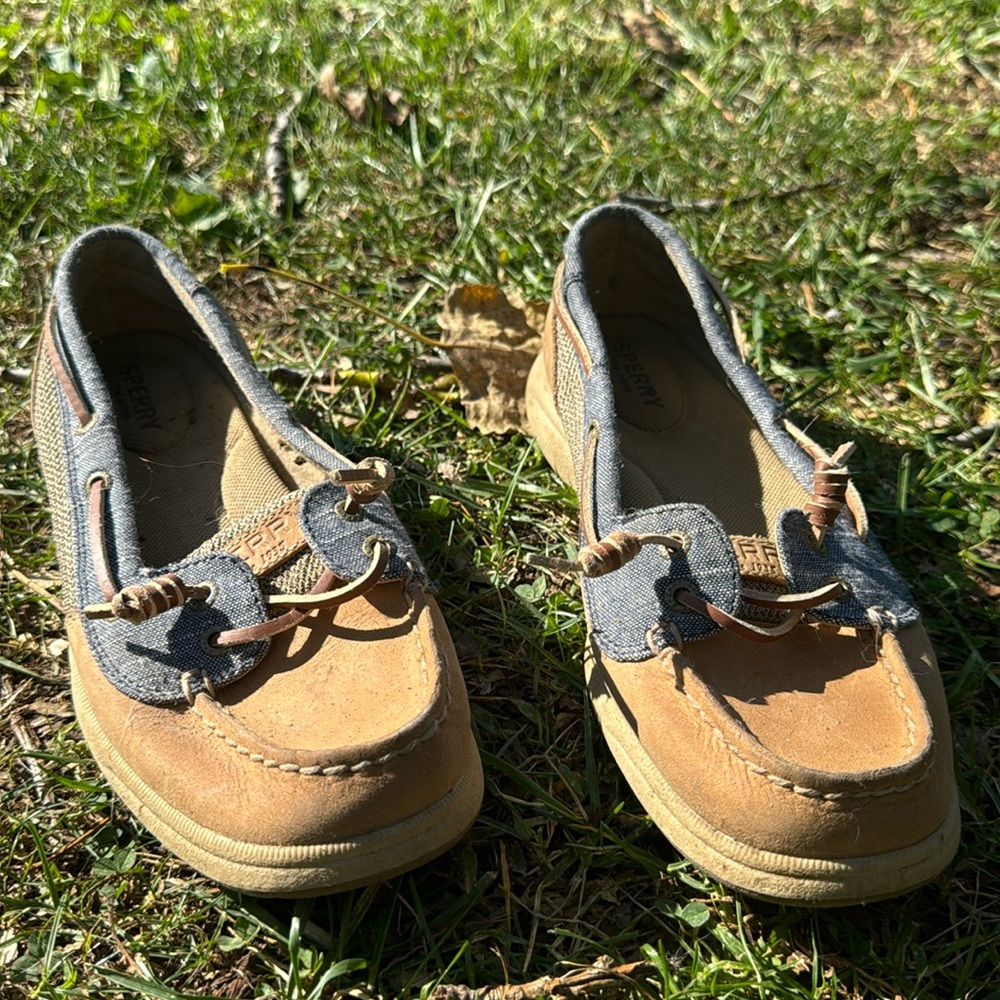 SPERRY Oasis Loft Tan Leather Denim Linen Boat Shoes 7.5